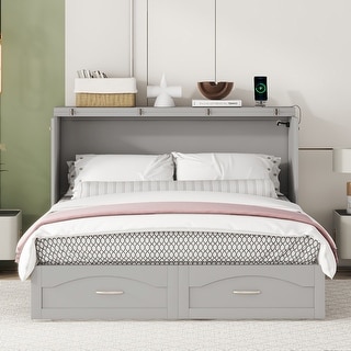 Queen Size Murphy Bed Wall Bed w/ Drawer & Sockets & USB Ports