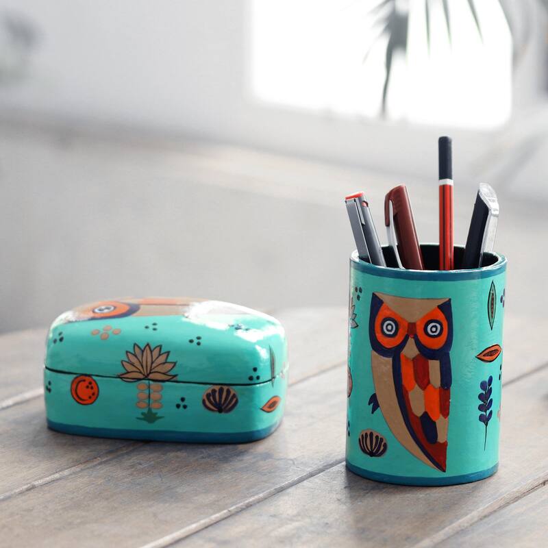 Novica Handmade Owl Story In Teal Papier Mache Pen Holder