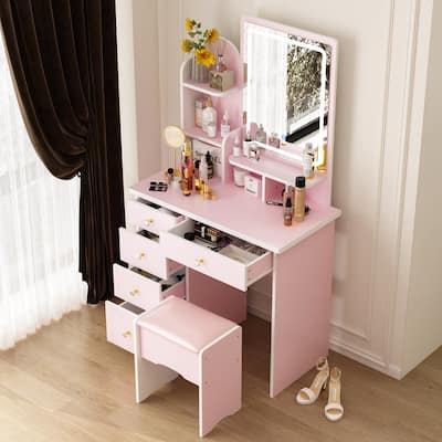 Makeup Vanity Set wi/Lighted Mirror, Storage Shelves and Drawers White - 31.5"L x 15.7"W x 55.1"H