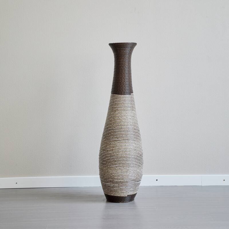 39-Inch Tall Standing Designer Floor Vase - Durable Artificial Rattan - Elegant Two-Tone Dark Brown Finish