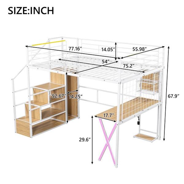 dimension image slide 1 of 2, Metal Loft Bed with Integrated Work Area, Wardrobe, Storage Stairs, and LED Lighting