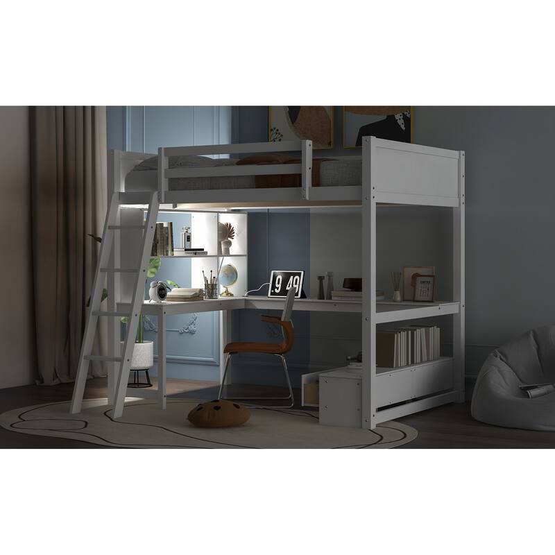 Loft Bed with L-shaped Multi-storage Desk, LED light and USB Charging Station, Storage Bench with 2 Drawers