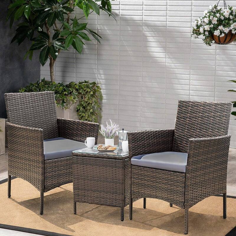 Homall 3 Pieces Patio Porch Furniture Sets PE Rattan Wicker Chairs with Table Outdoor Garden Furniture Sets - Brown/Grey
