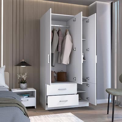 71" High Armoire Closet with 2 Drawers, 6 Shelves and Hanging Rod