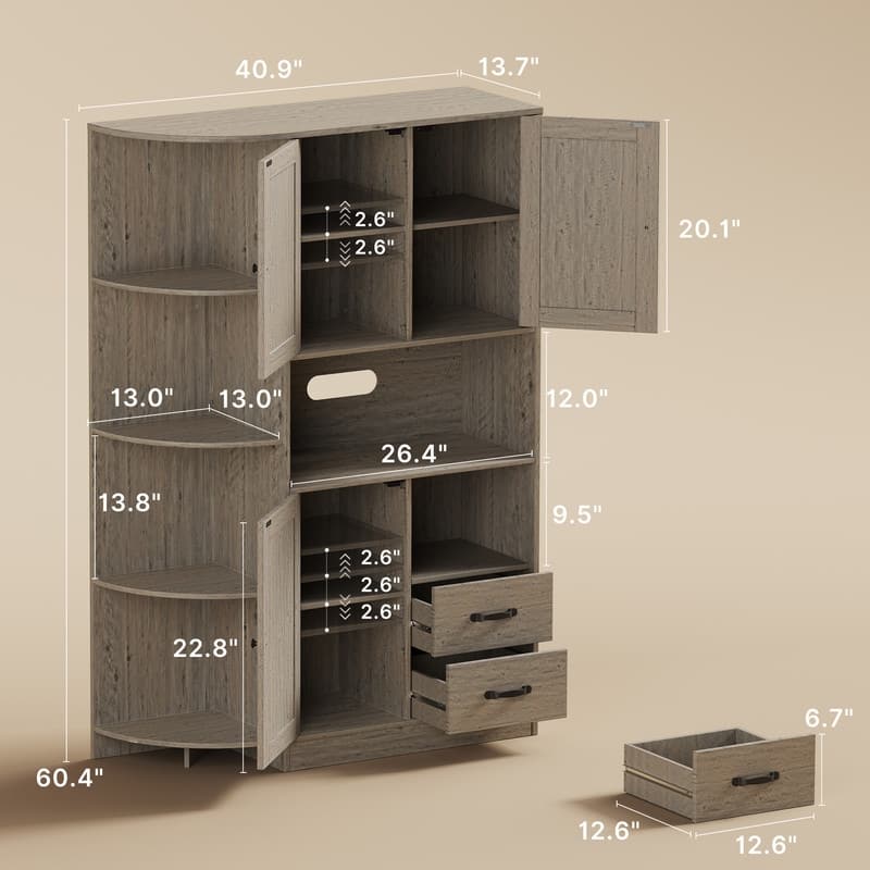 Farmhouse Kitchen Storage Cabinet with Doors and Open Shelves, Buffet Sideboard with Microwave Shelves and Drawers