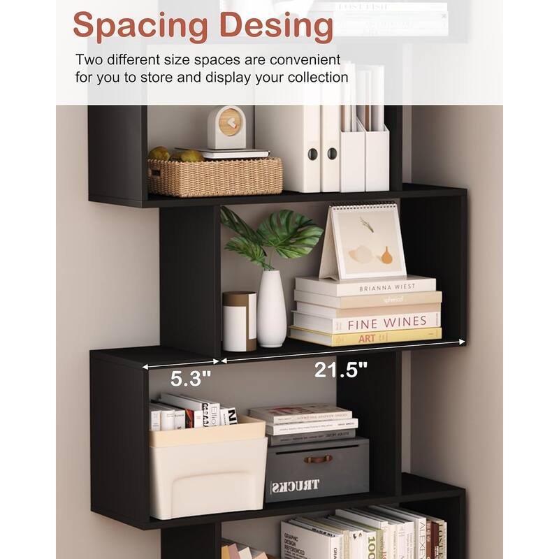 S-Shaped Bookshelf, Black Geometric Bookcase for Home & Office