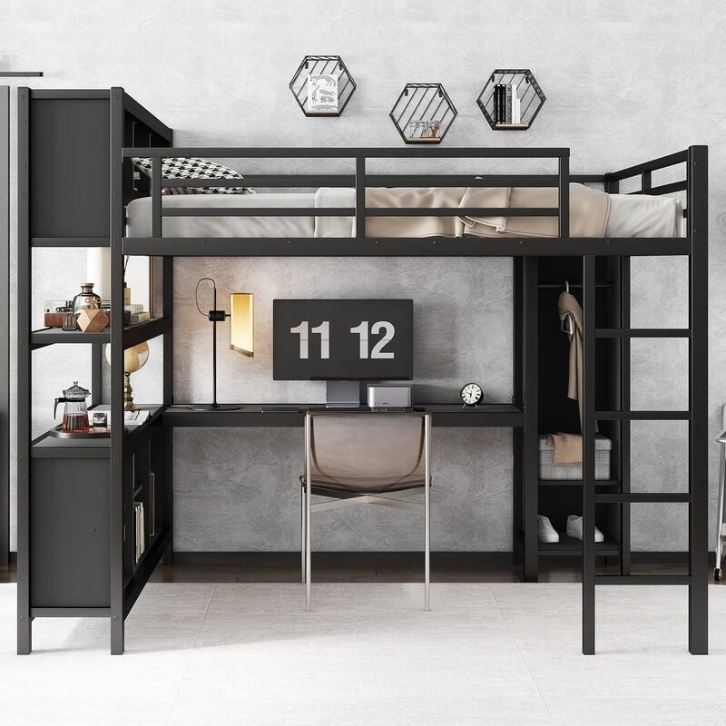 Queen Size Heavy Duty Metal Loft Bed with Wardrobe & L-shaped Desk, Multi-functional Storage Bed Frame with Cubes & Shelves