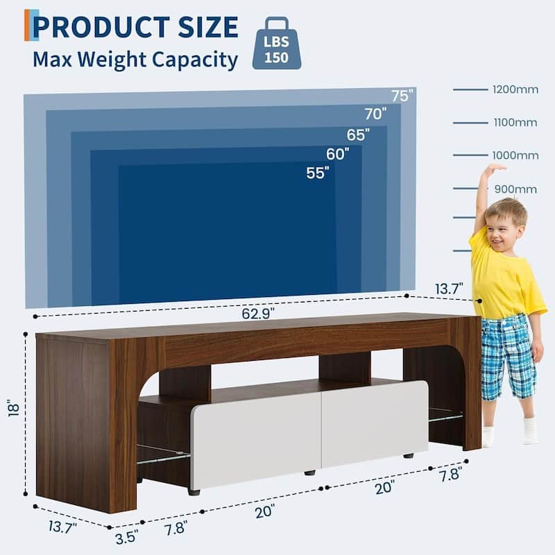 TV Stand with LED Lights, with 2 Drawer & Open Shelf