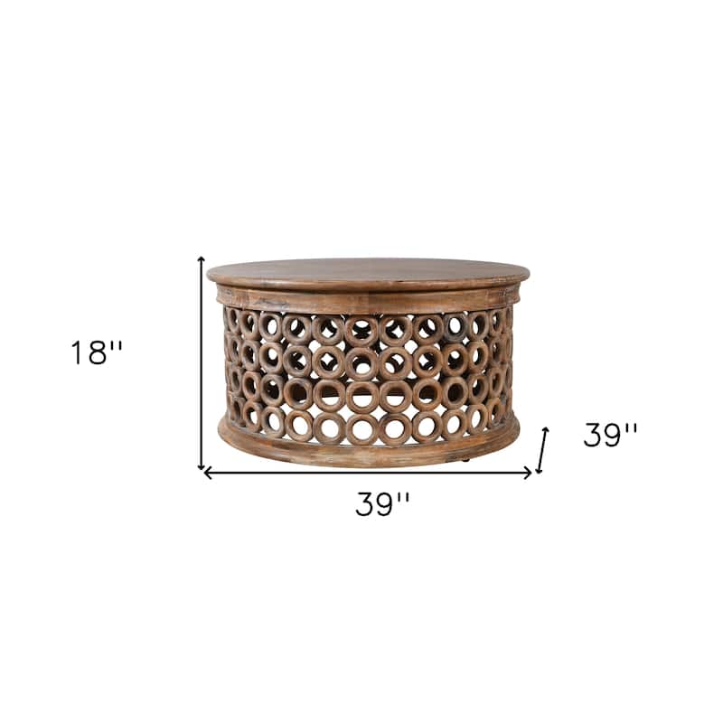 HomeRoots 39" Brown Solid Wood Round Distressed Drum Coffee Table - 39.00 in. x 18.00 in. x 39.00 in.