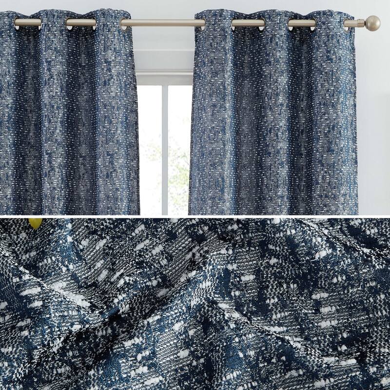 HLC.ME Avalon Jacquard Slub Texture - Privacy Curtains with Grommet Lightweight Window Curtain Panels, Set of 2 - 37 W x 84 L - Navy Blue