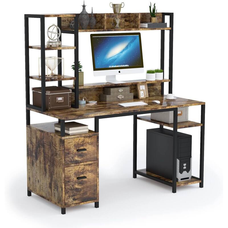 PAKASEPT 55" Computer Desk with Hutch and Storage Shelf - Brown