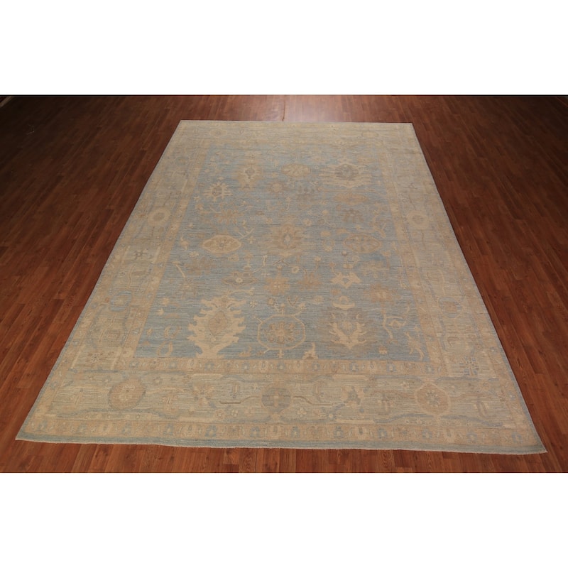 Vegetable Dye Oushak Turkish Area Rug Handmade Blue Wool Carpet - 8'11" x 11'11"
