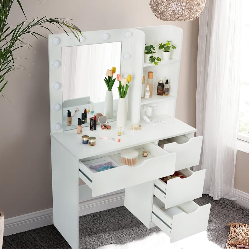 White Makeup Vanity Desk with Mirror and Lights - 15.2"D x 35.4"W x 55.1"H