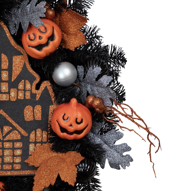 Orange and Black Haunted House Halloween Wreath 24-Inch Unlit