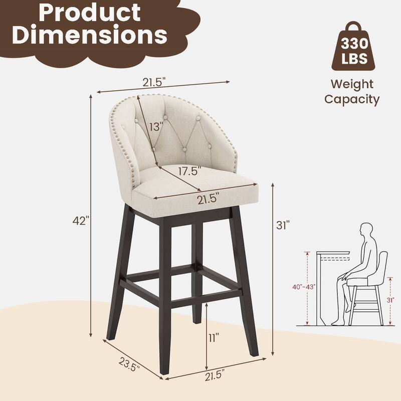 Gymax Mid Century Upholstered Bar Stools Set of 2 31'' Swivel Bar