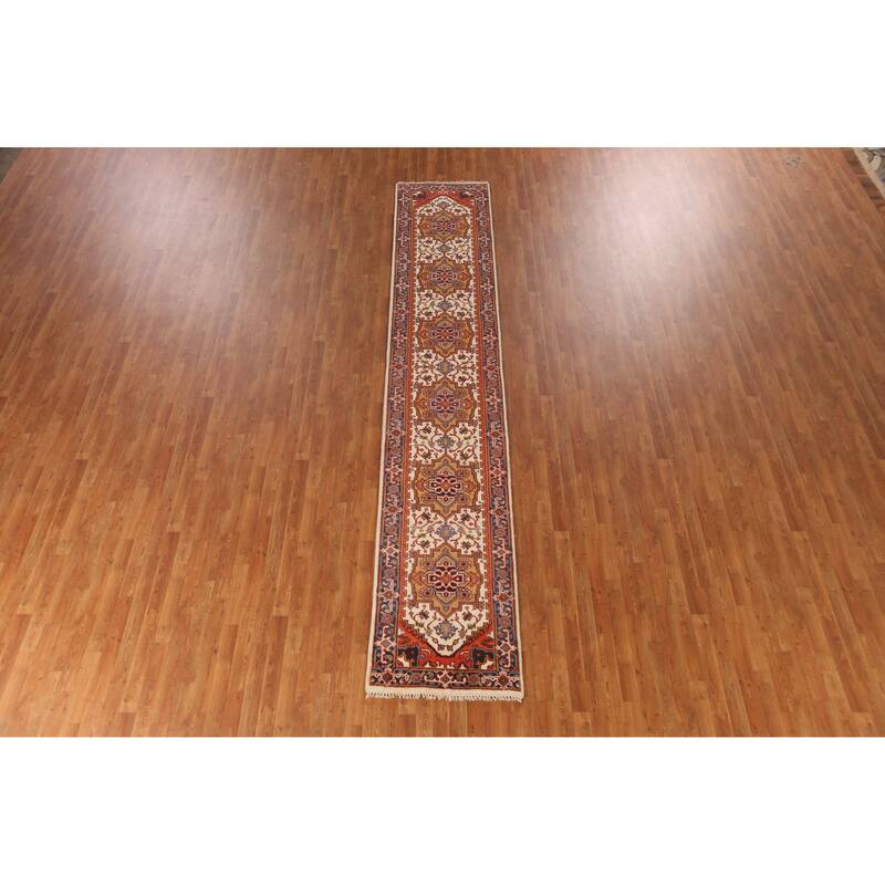Traditional Heriz Serapi Runner Rug Hand-Knotted Beige Wool Carpet - 2'6" x 14'0"