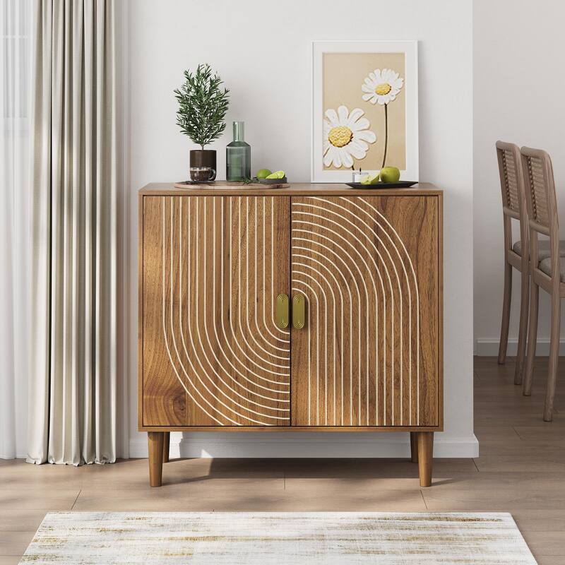 Anmytek Walnut Buffet Cabinet with Gold Accents Grille Door,Multifunctional Accent Cabinet