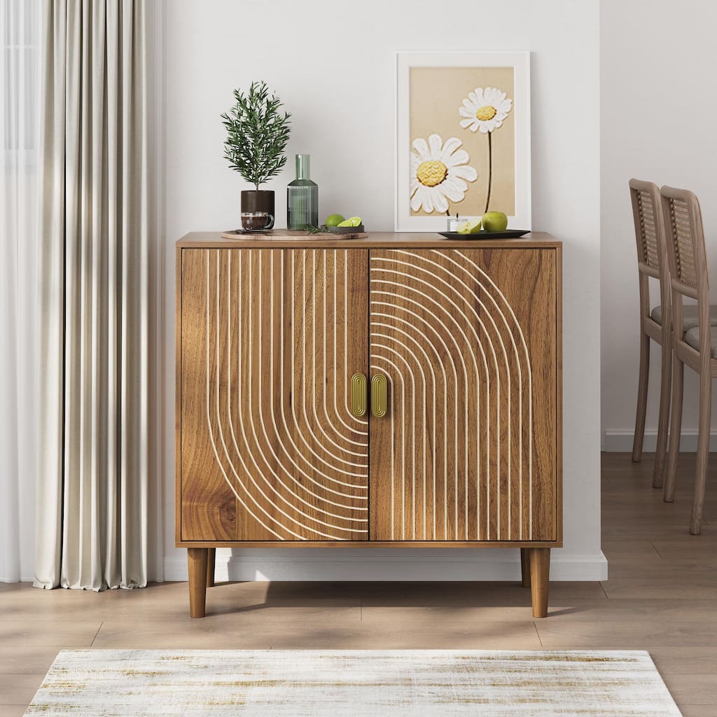 Roomfitters Mid-Century Modern Storage Cabinet with Geometric Arched Doors, Sideboard Buffet with Gold Handles, Brown