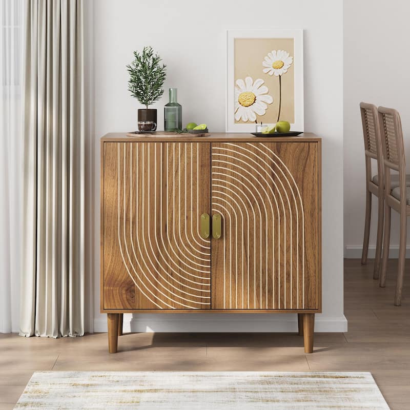 Walnut 31.5" Wood Buffet Cabinet with Line Groove Design