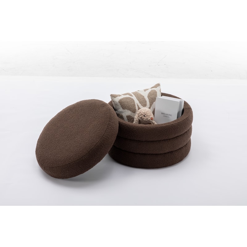 Boucle Fabric Storage Round Ottoman Footstool With Wooden Shelving