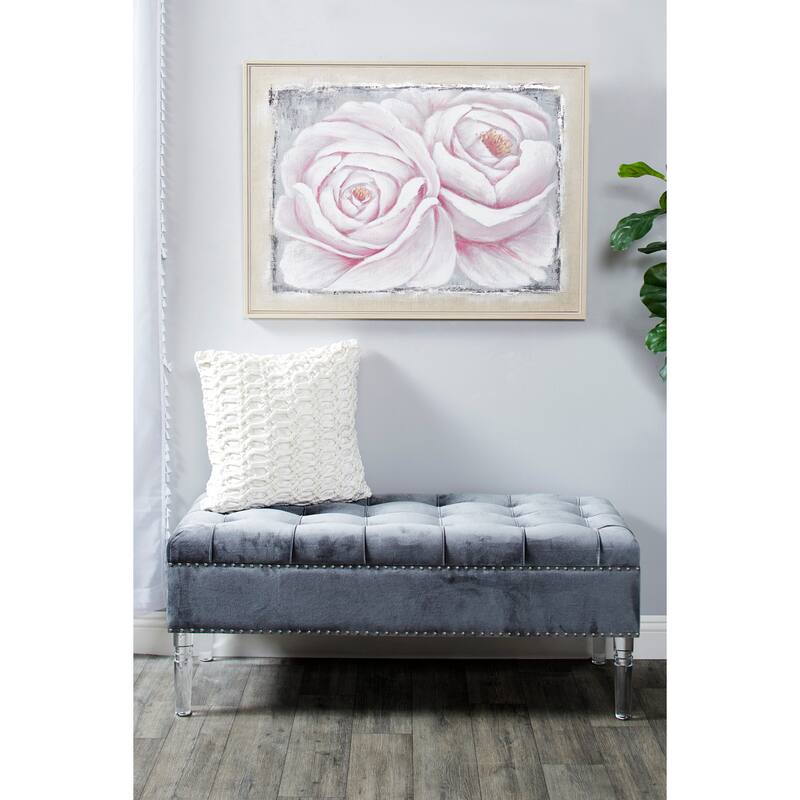 Large White & Pink Roses Acrylic Painting on Canvas in Wood Frame 39.5 x 29.5