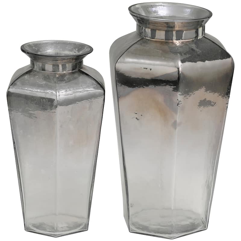 Glass Geometric Hexagon Vase - Set of 2 Gray - Roche River Decor - 7"W x 8"L x 13"H