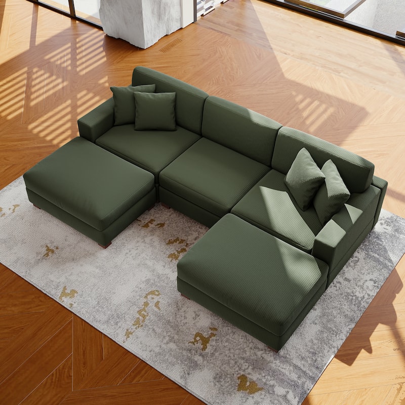 Modular Corduroy Sectional Sofa Set Chaise Couch with Ottoman
