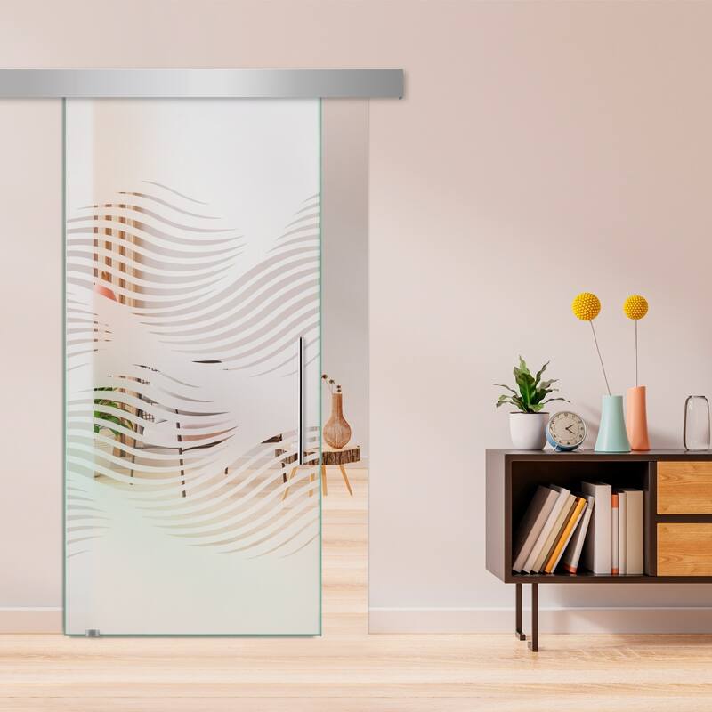 Glass Sliding Barn Door with Modern Frosted Design Hardware - 30"x81"-Left - Semi-Private