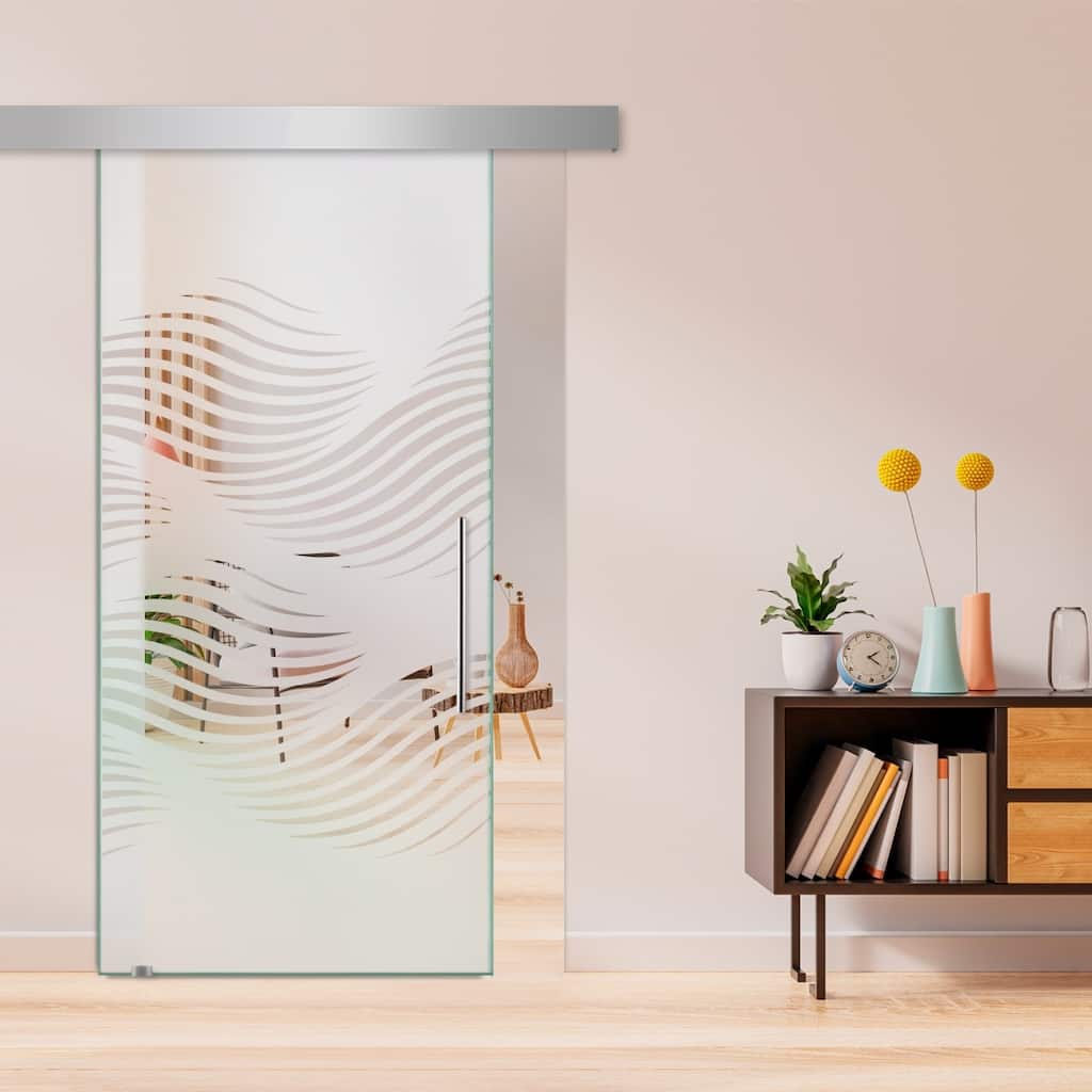 Glass Sliding Barn Door with Modern Frosted Design Hardware