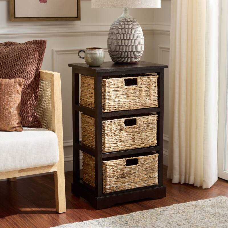 SAFAVIEH Evaline Distressed Black 3 Wicker Basket Storage Unit - 17.3" x 13.4" x 29.5" - 17"W x 13"D x 30"H - Dark Chocolate