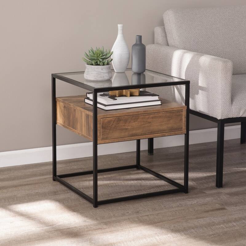 22" Black Glass And Iron Square End Table With Drawer With Shelf - 20x20x22