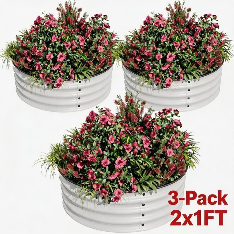 3-Pack 2x1FT Galvanized Raised Garden Beds Round Metal Planter Box Kitfor Vegetables Flowers and Fruits Black - White