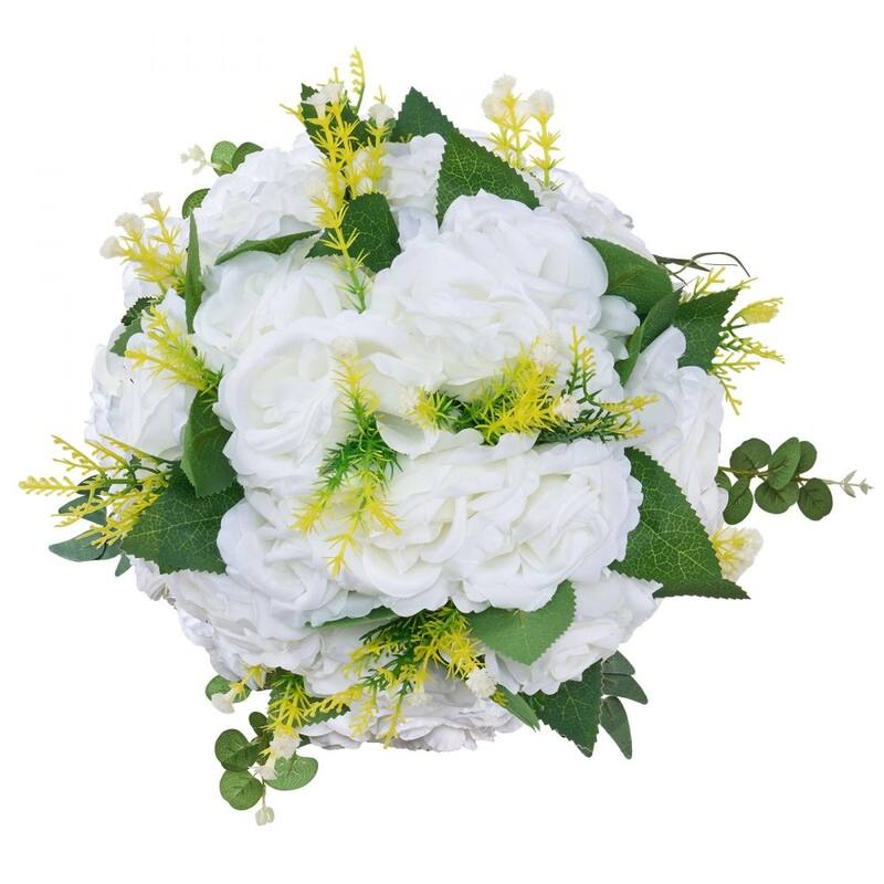 White Silk Rose Flower Balls Set of 10 with Base for Wedding Centerpieces - 9.4 x 9.4 x 4.7 inch