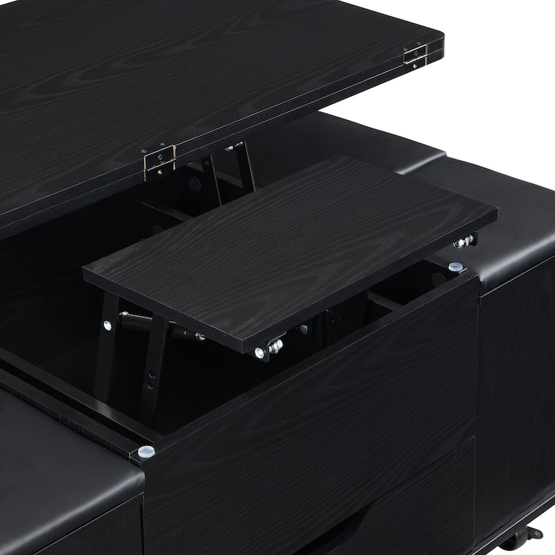 Multi-Functional Lift-Top Coffee Table with Hidden Storage and Drawer, Modern Center Table with 4 Storage Stools and Casters