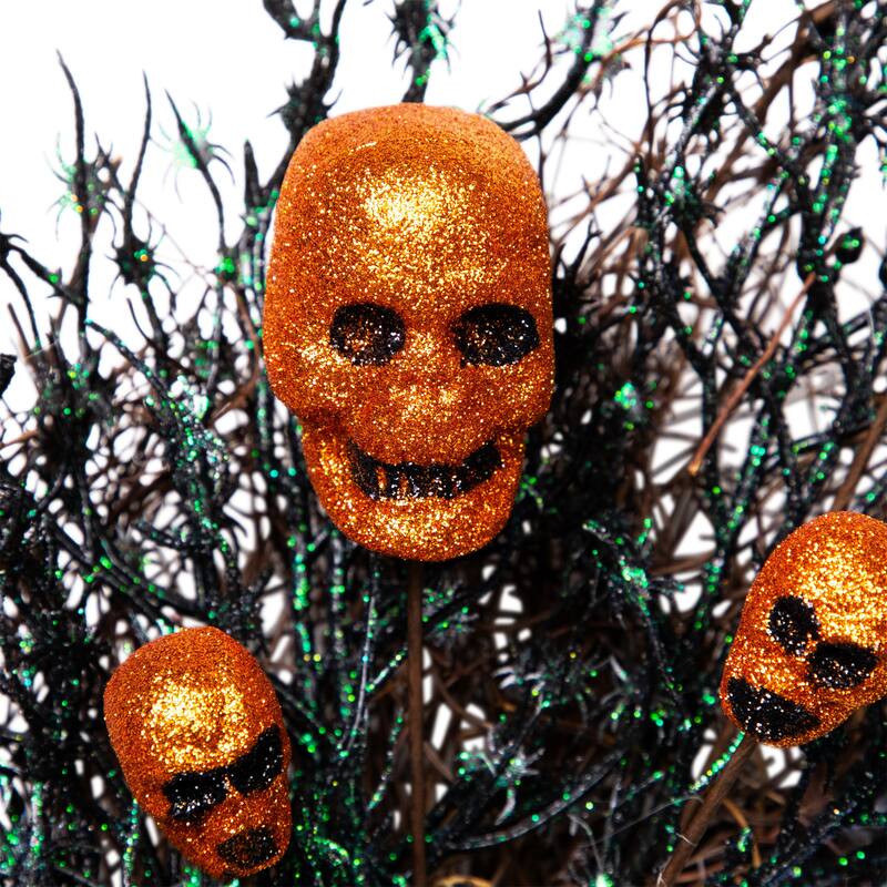 Black & Orange Skulls & Spiders Halloween Twig Wreath, 22-Inch