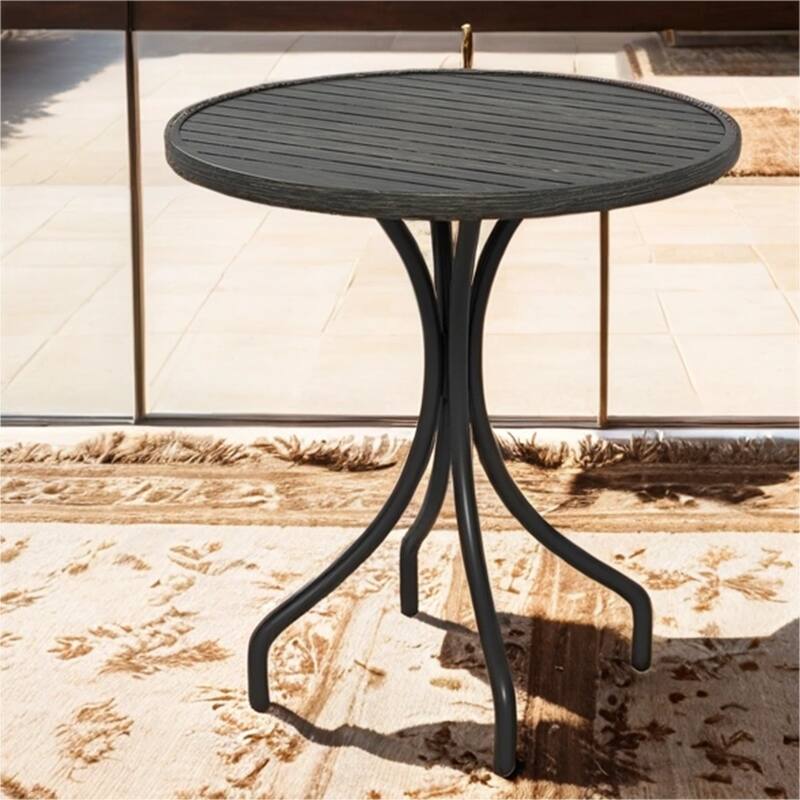 Outdoor Round Side Table with Steel Frame and Slat Tabletop