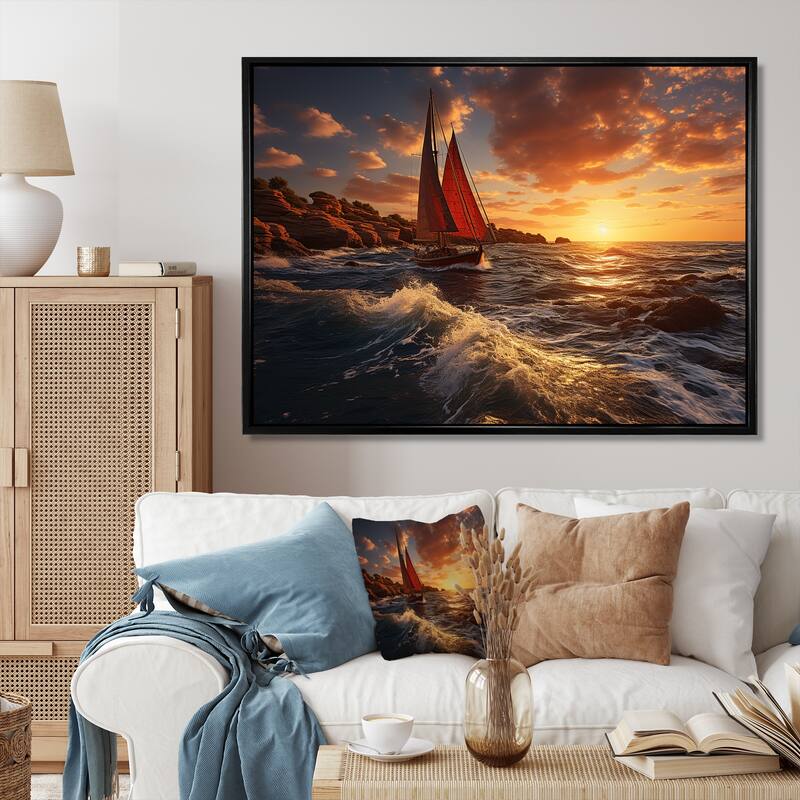 Designart "Spain Sunset Sail I" Nautical & Beach Framed Wall Art Prints - Gold - 44 in. wide x 34 in. high