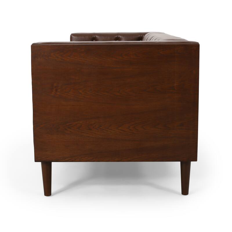 Dark Brown 90" Faux Leather Button Tufted 3-seater Sofa with Birch Wood Legs for Living Room