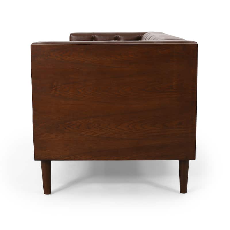 Dark Brown Faux Leather Button Tufted 3-seater Sofa with Birch Wood Legs