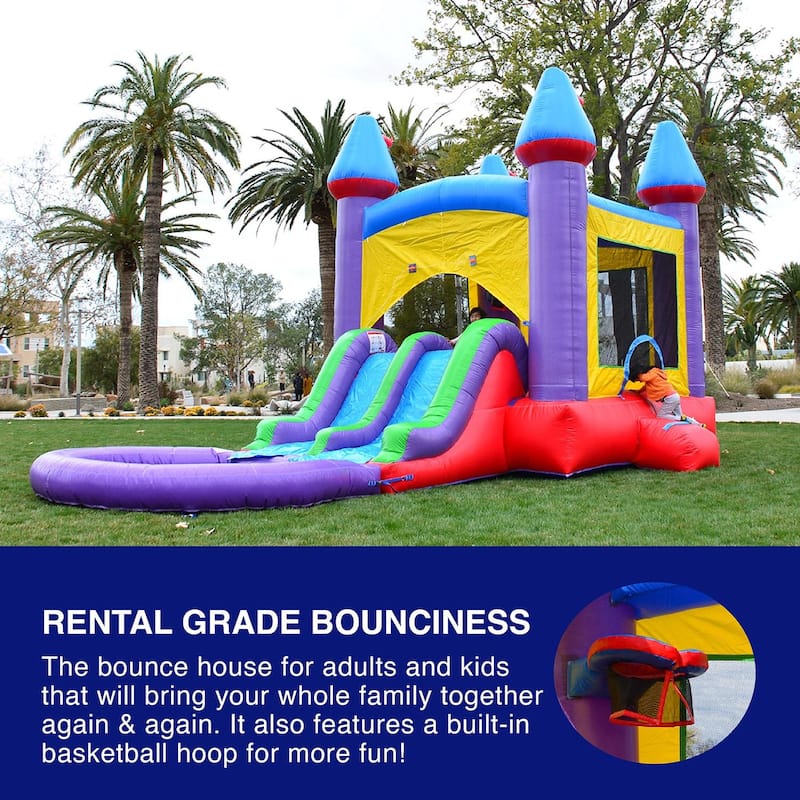 HeroKiddo Jelly Bean Castle Commercial Grade Bounce House & Water Slide Combo with Detachable Pool & Air Blower, Outdoor Fun