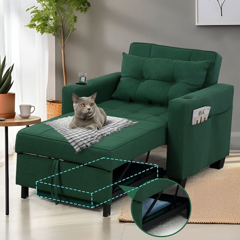 Pull Out Sofa Couch Bed Convertible Sleeper Sofa Bed with Storage Chaise, Sofa Couch - Green Linen