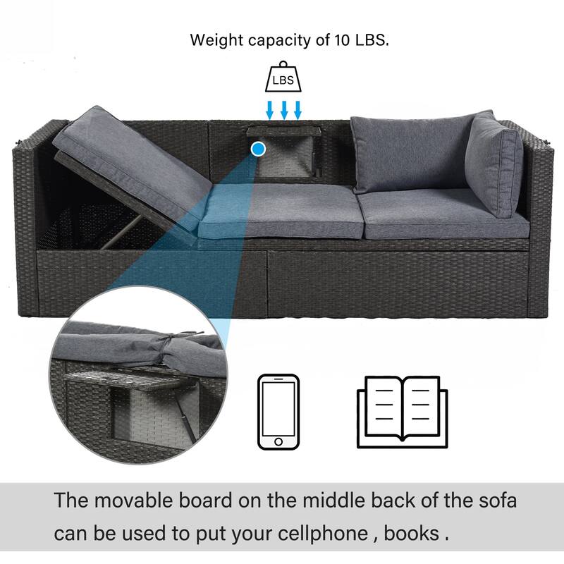 4-Piece Outdoor Wicker Sectional Patio Daybed with Canopy and Ottoman