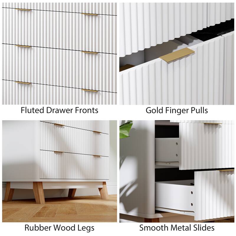 HOMCOM Fluted Dresser for Bedroom with 4 Drawers, 28" Wide Chest of Drawers with Gold Finger Pulls and 4 Wood Legs, Natural Wood