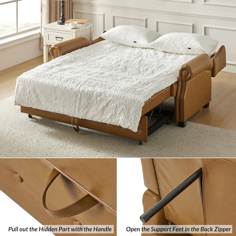 Ruedi Transitional 73.6" Vegan Leather Sofa Bed with Tufted Back and Nailhead by HULALA HOME