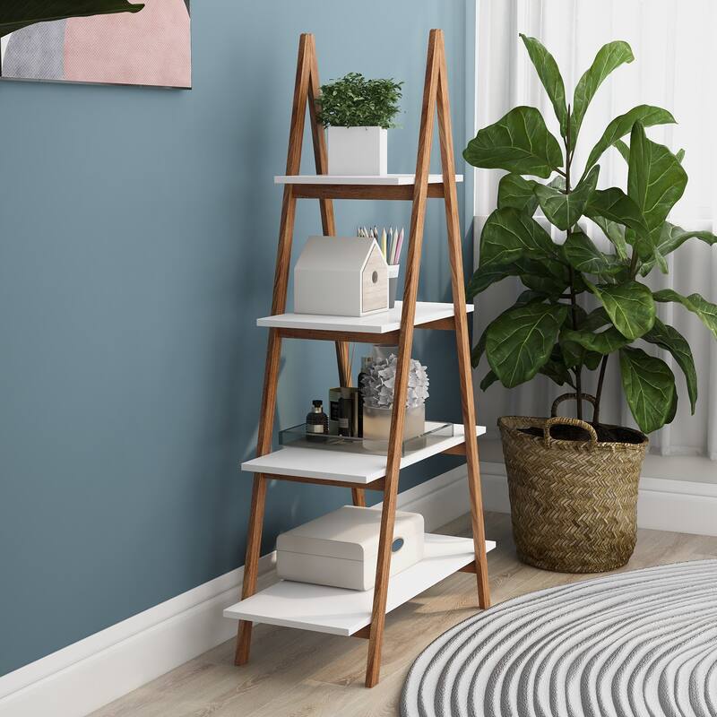 4-Tier Solid bamboo Wood "A" Frame Ladder Display Bookshelf