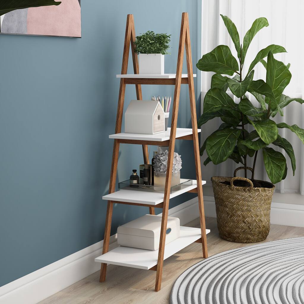 54 in. White Wood 4 Shelf Ladder Bookcase