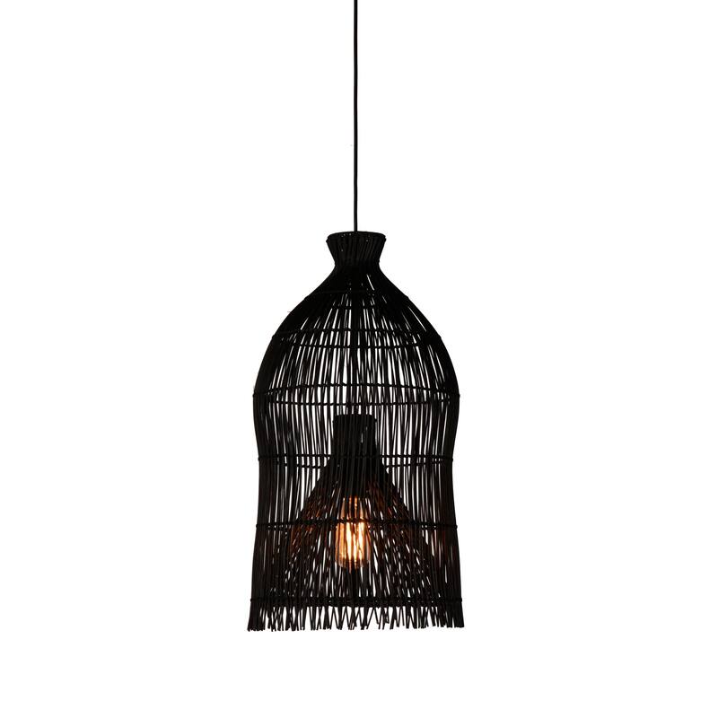 Ivan 15" Diameter Woven Rattan and Iron Pendant Light in Black - Black