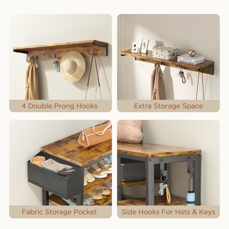 Industrial Hall Tree, 4-in-1 Entryway Coat Rack and Shoe Bench Rack Set with 5 Shoe Storage Cabinets