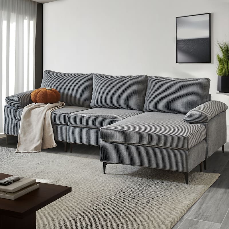 HOOOWOOO Living Room Wide Armrest Corduroy Fabric Chaise Reversible Sofa with Ottoman
