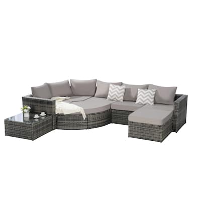 8 Piece Outdoor L Shaped Free Combination Conversation Set, Rattan Patio Sectional Sofa with Curved Ottoman and Coffee Table